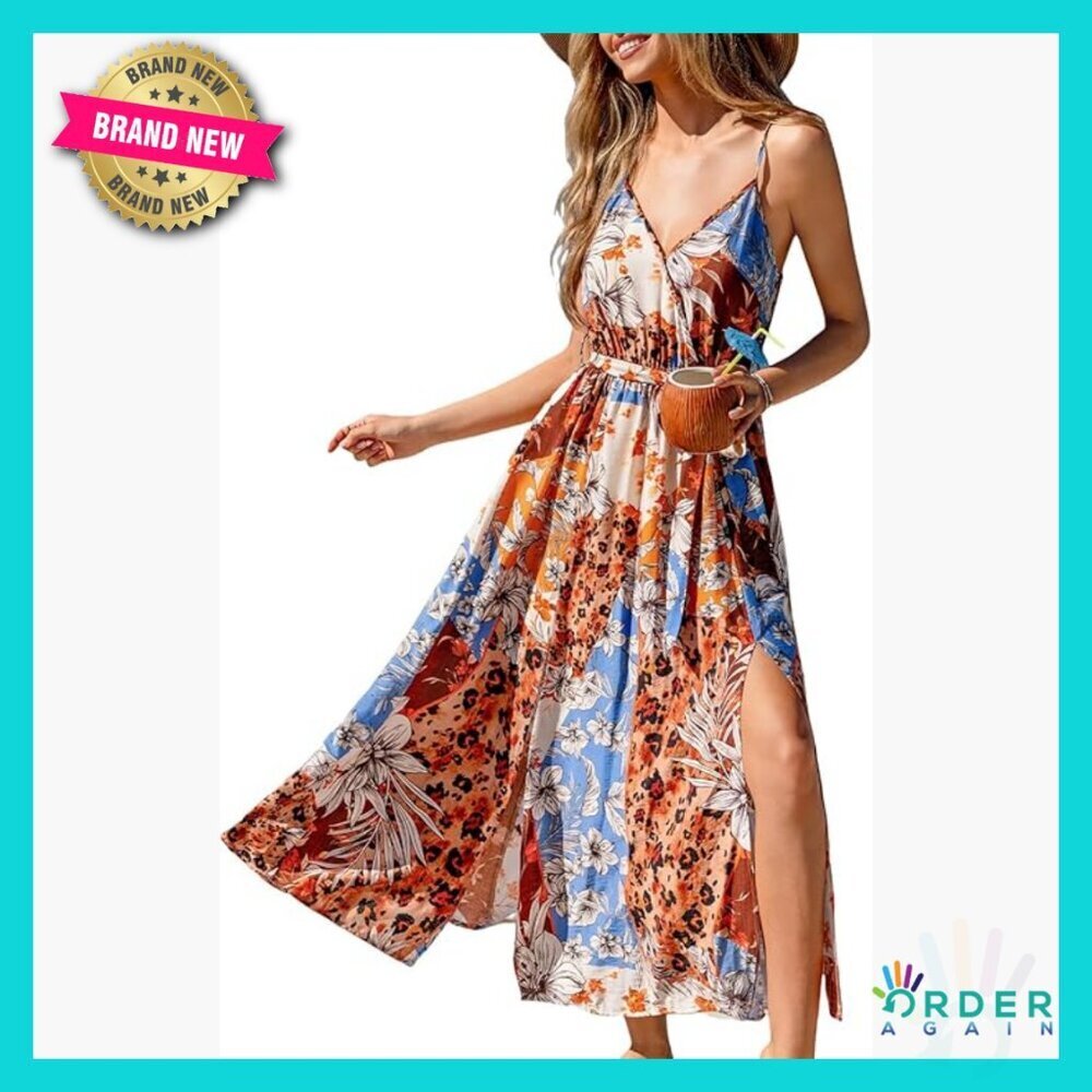 Floral Maxi Sundress Sleeveless V Neck Wrap Boho Beach Vacation Long Dress